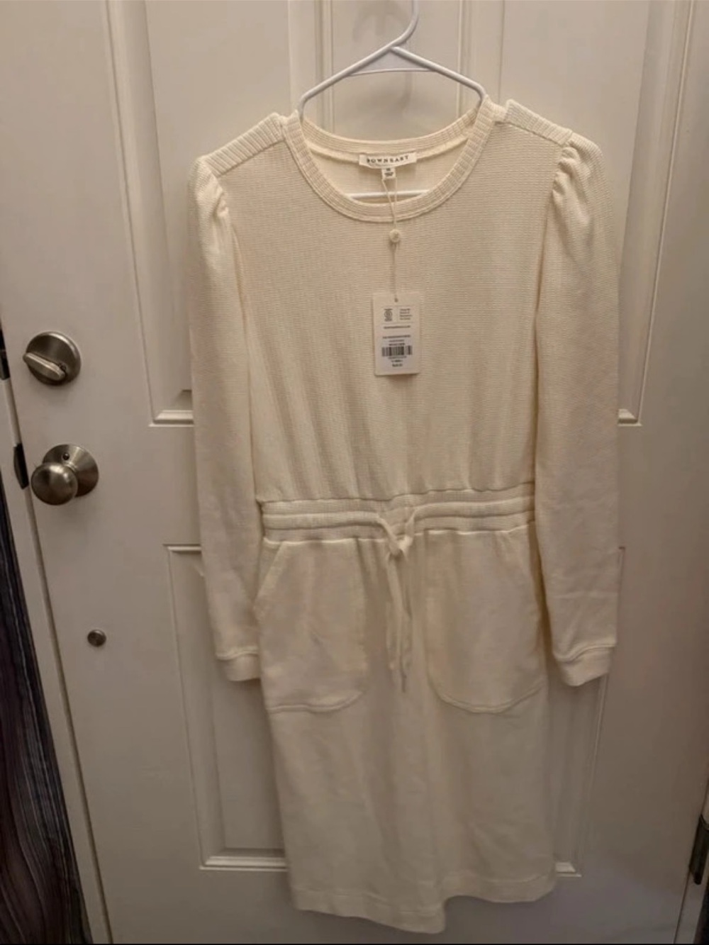 DownEast Cream Long-Sleeve Knit Drawstring Dress